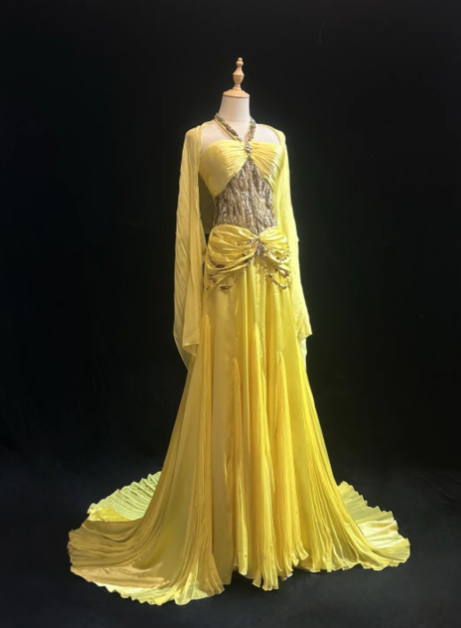 Classy Yellow Chiffon Prom Party Dress Beads Evening Gowns