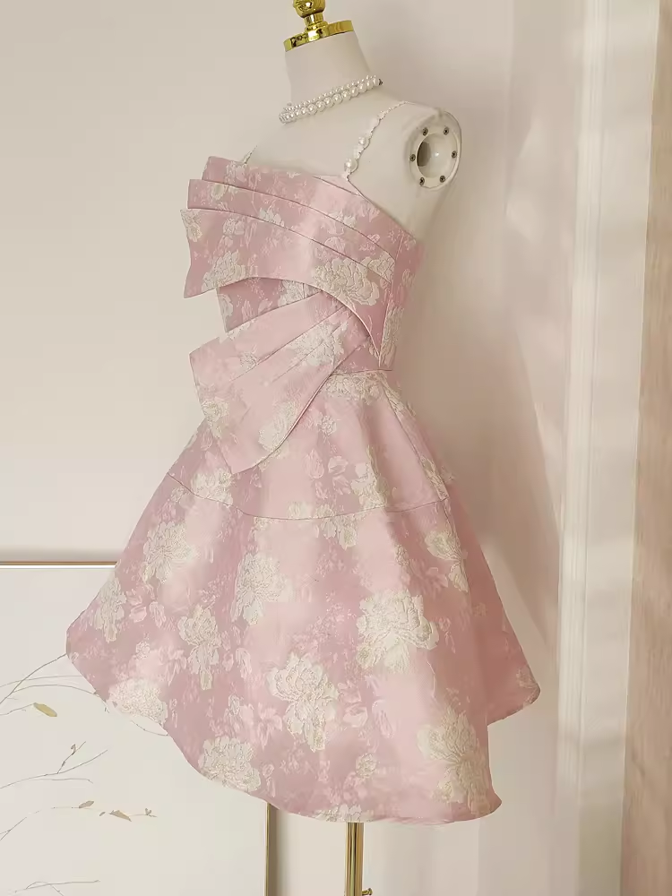 Cute A-Line Spaghetti Straps Pink Satin Holiday Dresses Short Birthday Dress - View 2 | FashionDia