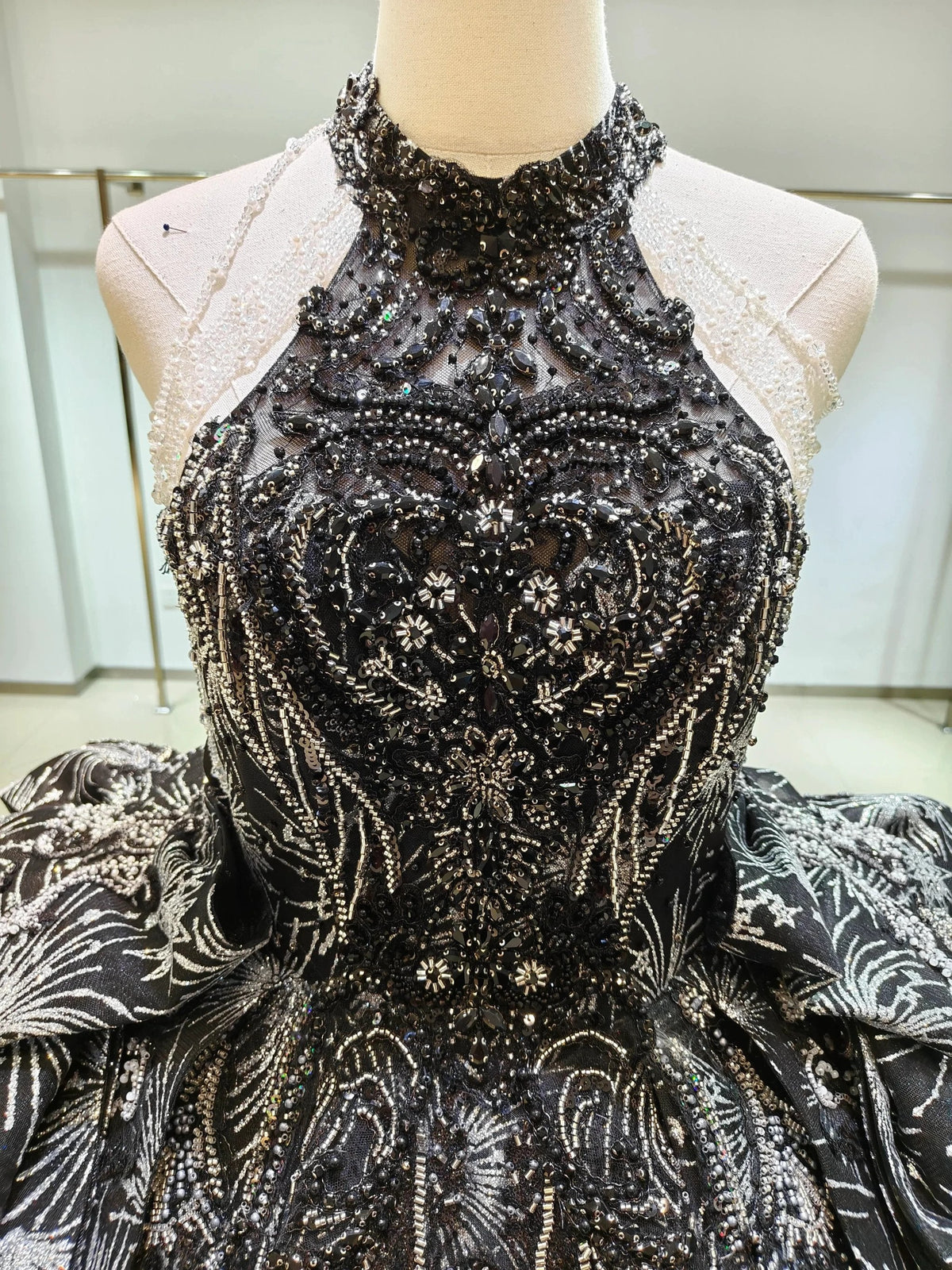 Dramatic Black Halter-Neck Ball Gown Wedding Dress with Firework Sequin Embroidery & Beaded Tassels Ye-2035 by ZAPDRESS