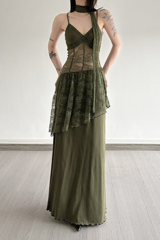 Lace Trim Sheer Waist Tie Cami Maxi Lace Dress - View 2 | VelvetHem