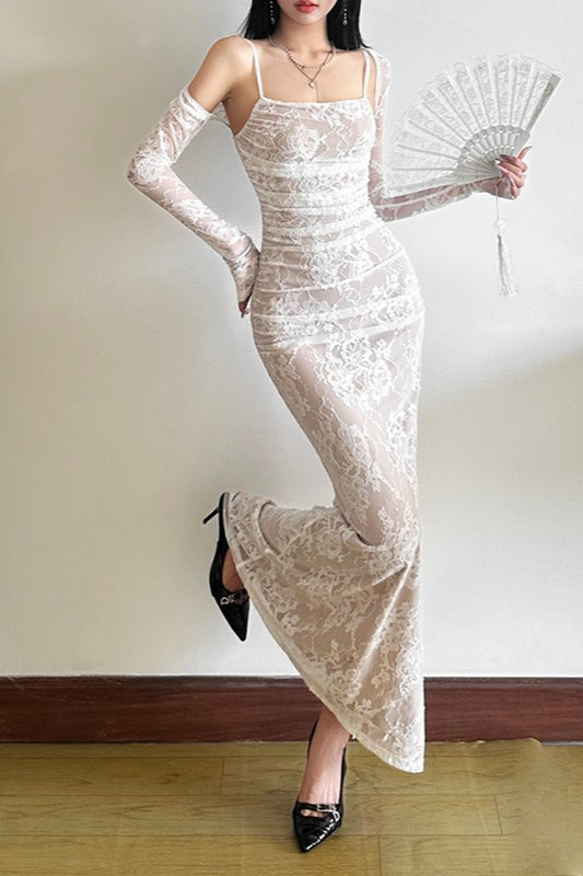 Fish Tail Square Neck Lace Dress - View 2 | VelvetHem