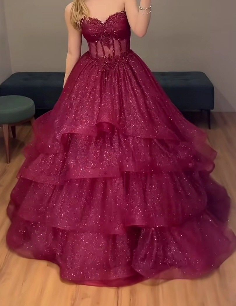 Sweetheart A-Line Burgundy Long Prom Dress Shiny Tulle Evening Dress