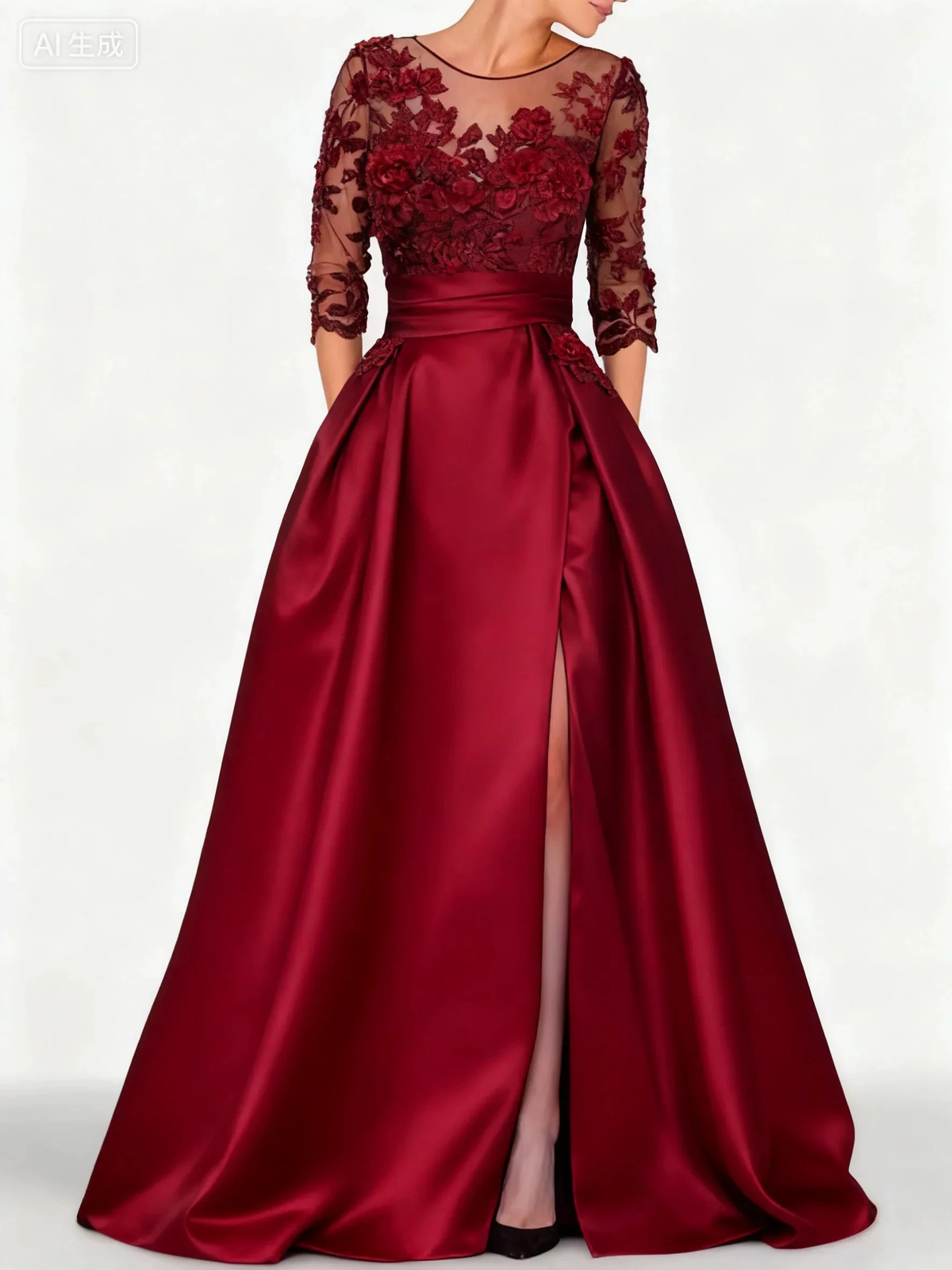 Elegant black satin embroidered formal dress (ZD16758)