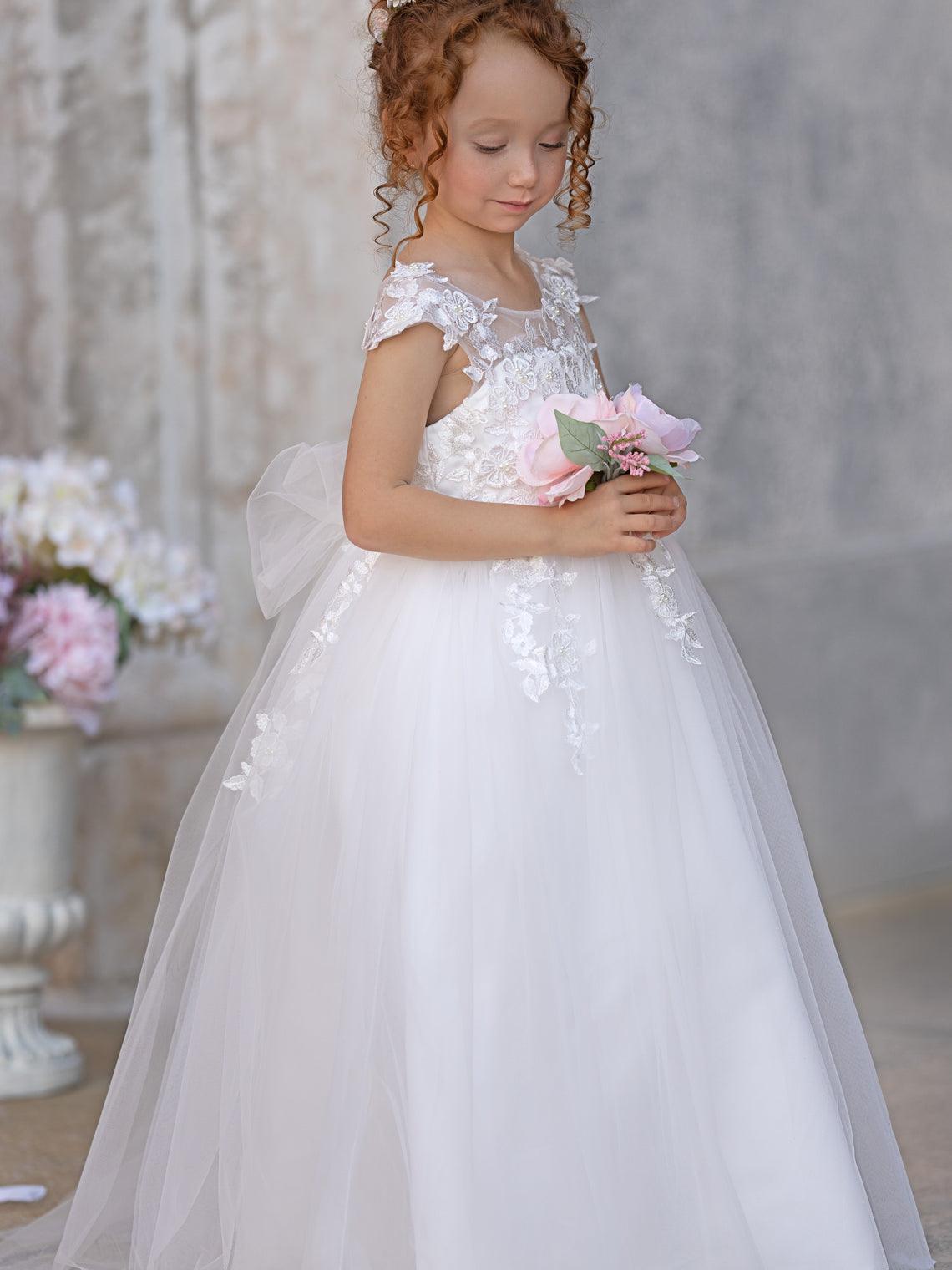 Ivory Princess Gown with Lace Appliques and Tulle Bow | Short Sleeve Ankle-Length Tulle Flower Girl Dress - View 5 | VelvetHem