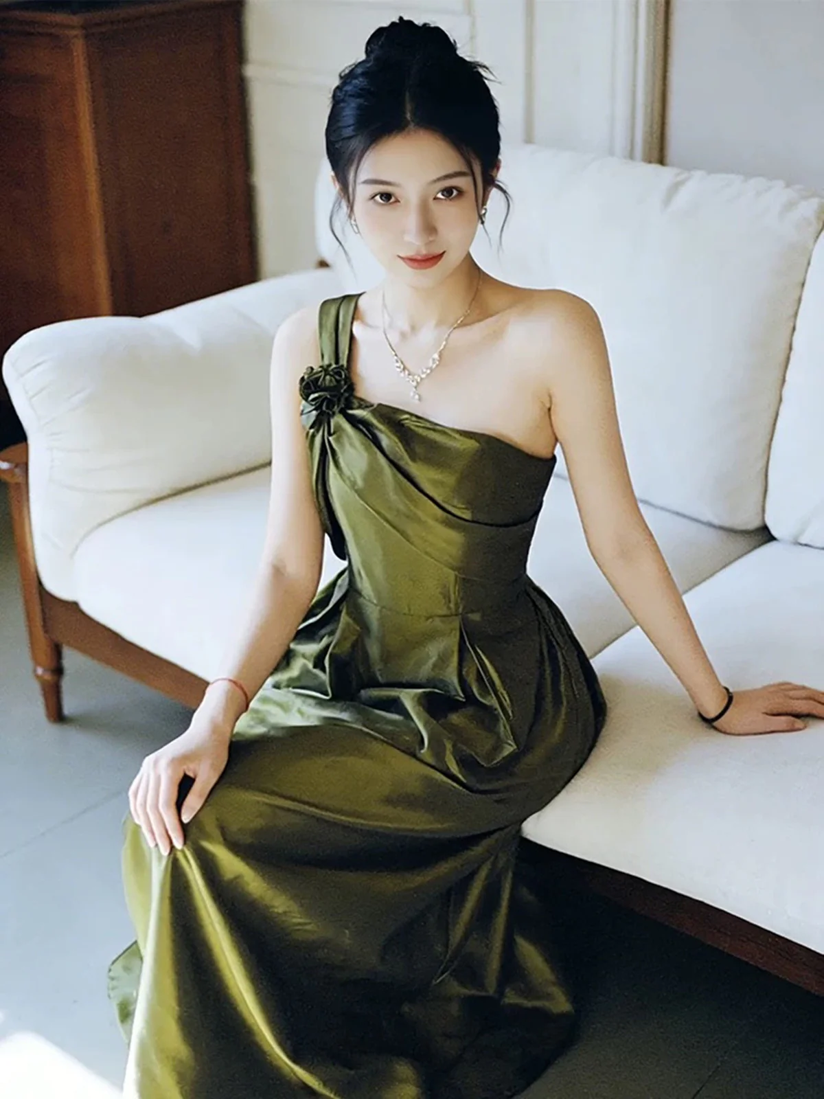 Elegant Olive Green One-Shoulder Satin Prom Dress, Vintage-Inspired A-Line Formal Dress - View 3 | FashionDia