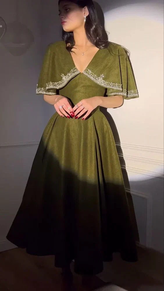 Retro Style V-Neck Long Prom Dress,Winter Dance Dress - View 6 | FashionDia