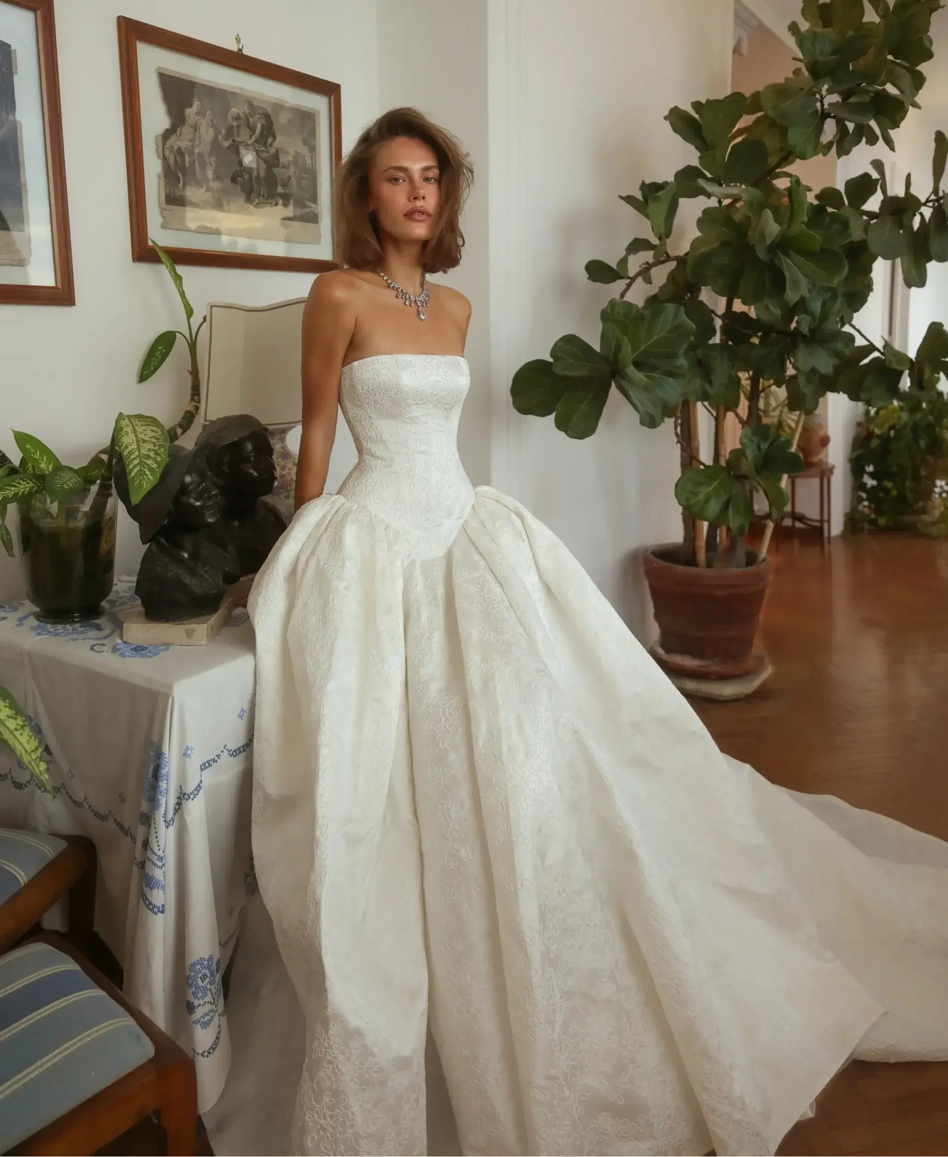Classic White Satin Strapless Ball Gown Wedding Dress with Train ZP122