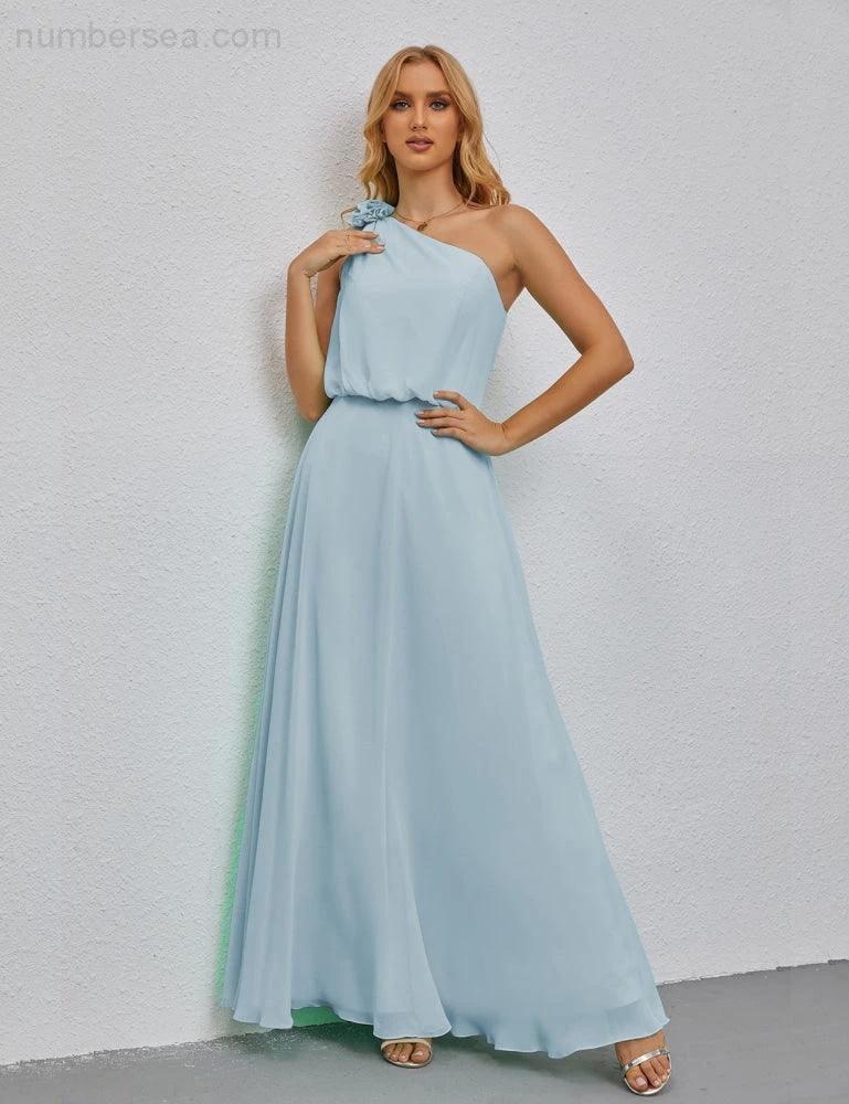 Ruffled One Shoulder Sleeveless Long Bridesmaid Dresses A-line Formal Evening Gown Side Split 28080 (ZD17018)