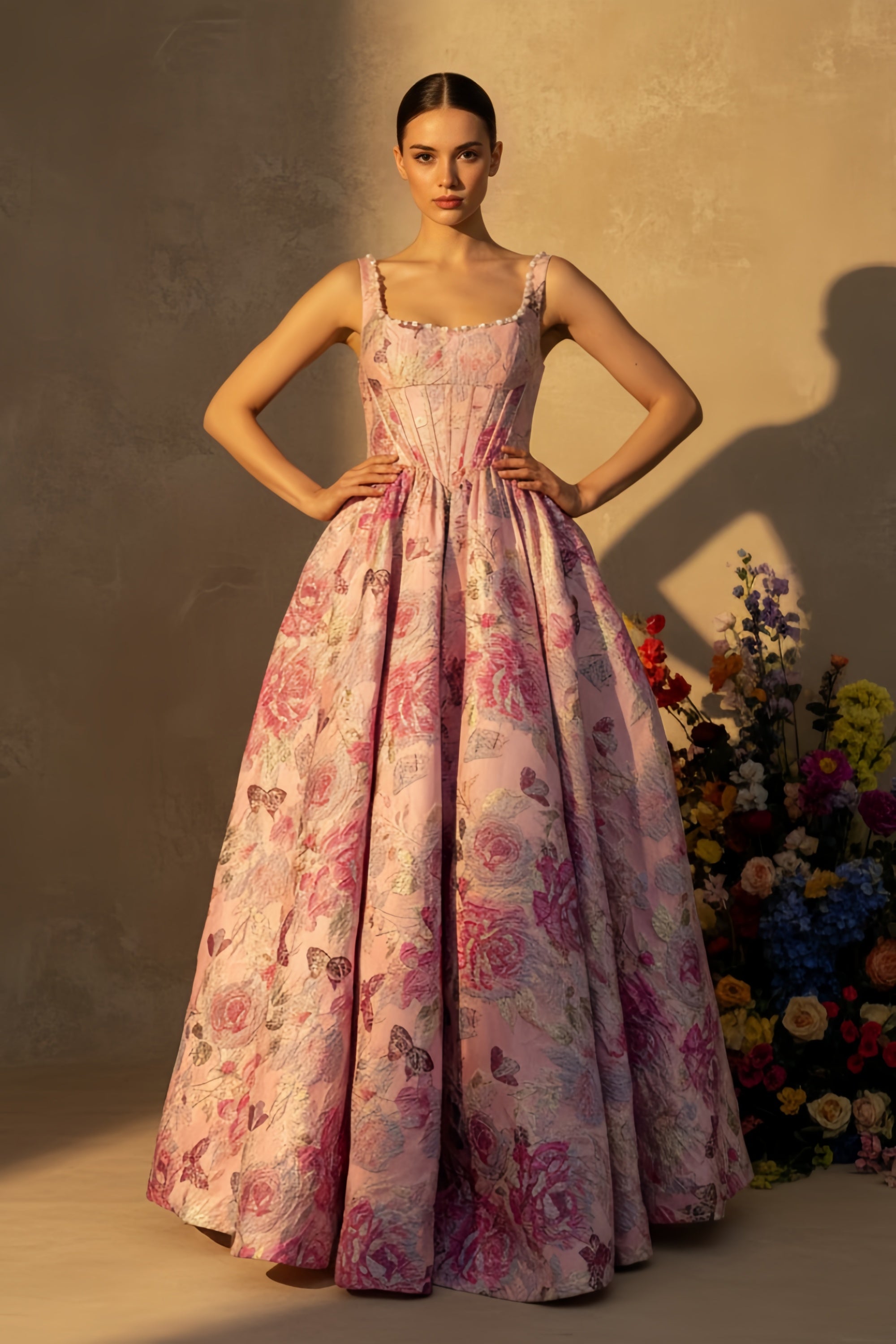 Elegant Floral Jacquard Corset Gown with Embellished Straps