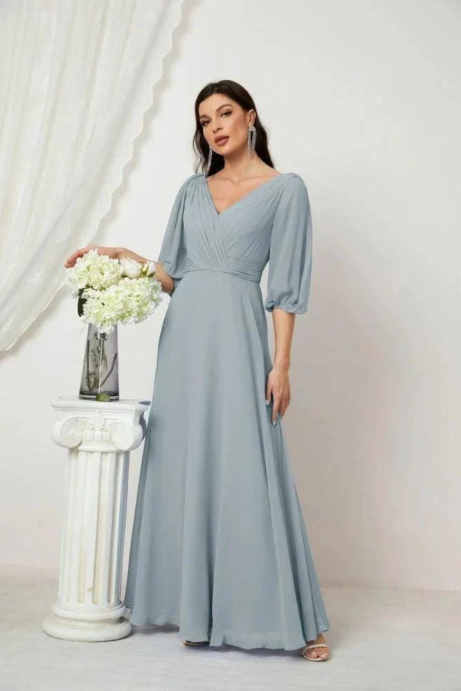 Numbersea Formal Prom Gown Women V-Neck Chiffon Bridesmaid Dresses Long Bishop Sleeve Party Dress 2807 by numbersea
