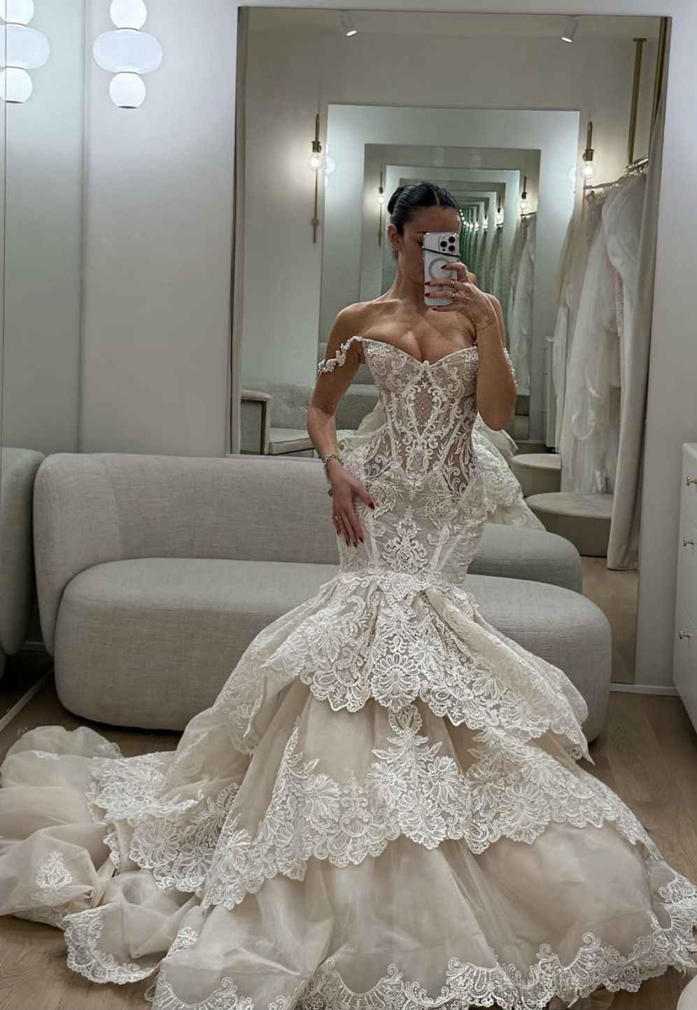 Gorgeous Ivory Lace Strapless Mermaid Wedding Dress with Layered Organza Train