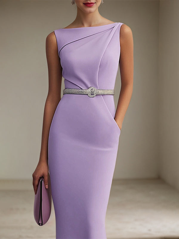 Semi-Formal Dress Purple Boat Neck Sleeveless Pockets Fomal Dresses - View 4 | FashionDia