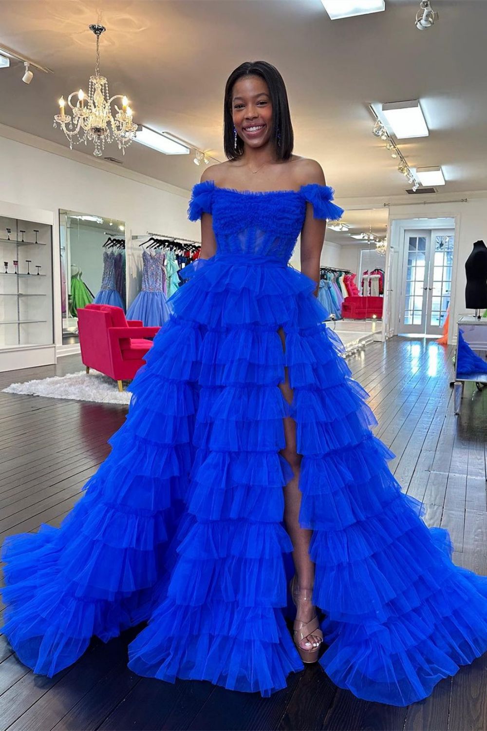 Charming A Line Off the Shoulder Red Corset Prom Dress with Ruffles
