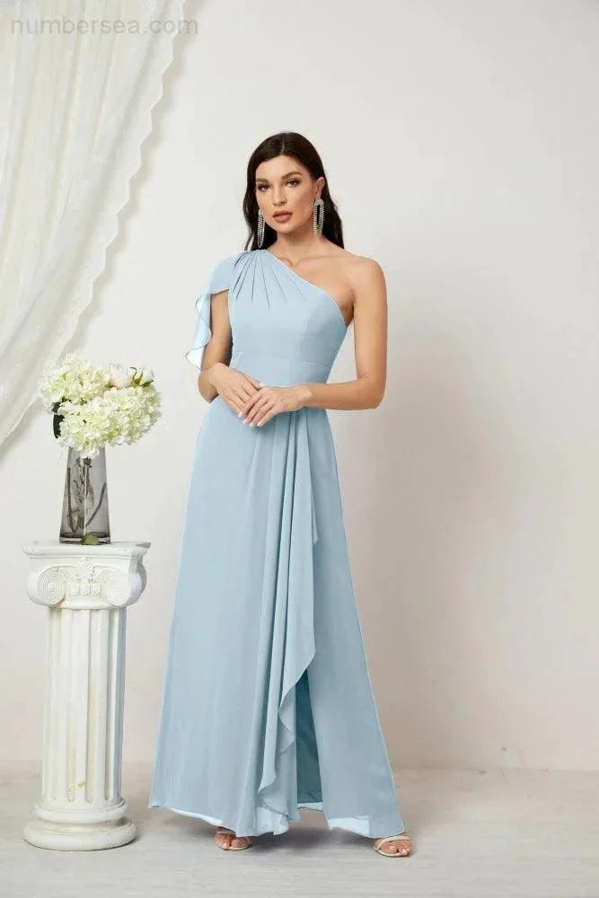 ZapDress Chiffon Ruffled One Shoulder Long Bridesmaid Dresses A-line Formal Evening Gown Side Split 2809 (ZD17049)