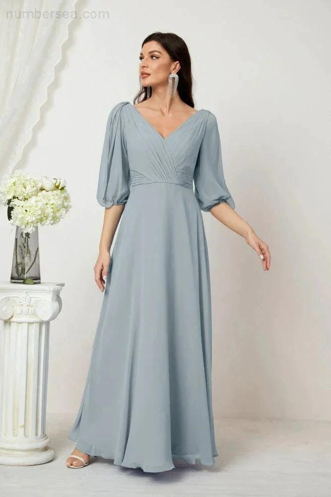 ZapDress Formal Prom Gown Women V-Neck Chiffon Bridesmaid Dresses Long Bishop Sleeve Party Dress 2807 (ZD17027)