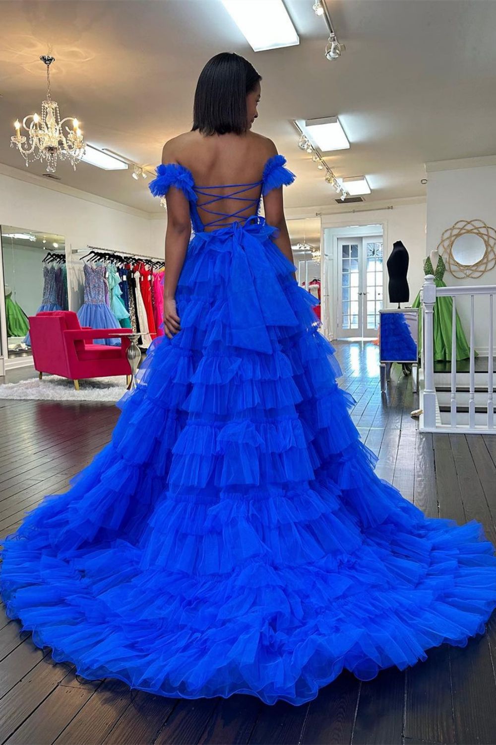 Charming A Line Off the Shoulder Red Corset Prom Dress with Ruffles