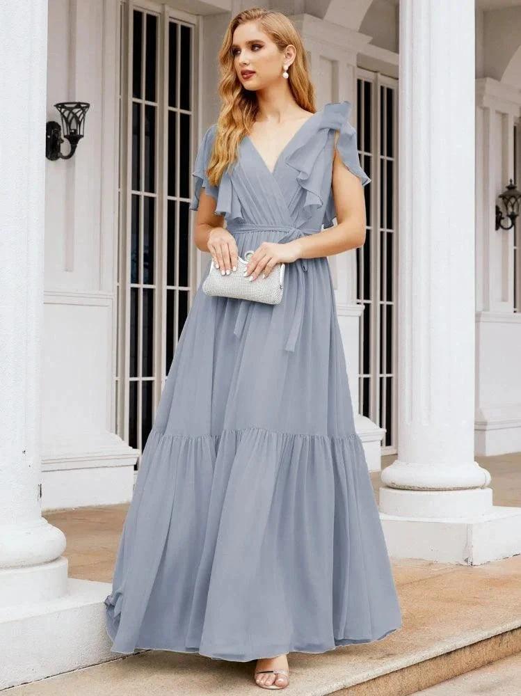 Numbersea Women's Open Back Formal Evening Party Prom Gowns V-Neck Long Chiffon Bridesmaid Dresses with Waist Belt 28038 by numbersea