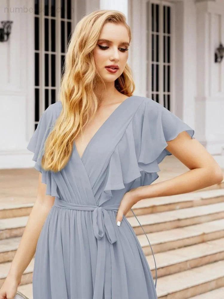 ZapDress Women's Open Back Formal Evening Party Prom Gowns V-Neck Long Chiffon Bridesmaid Dresses with Waist Belt 28038 (ZD17000)