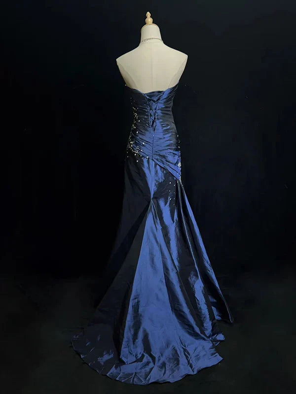 Sexy Sweetheart Blue Mermaid Satin Beaded Long Prom Dress Party Gown - View 3 | FashionDia