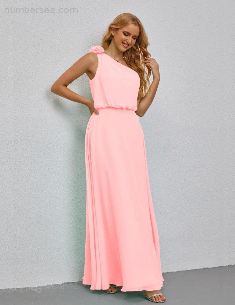 Ruffled One Shoulder Sleeveless Long Bridesmaid Dresses A-line Formal Evening Gown Side Split 28080 (ZD17018)