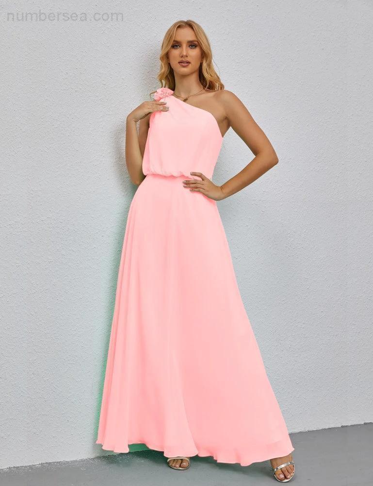 Ruffled One Shoulder Sleeveless Long Bridesmaid Dresses A-line Formal Evening Gown Side Split 28080 (ZD17018)