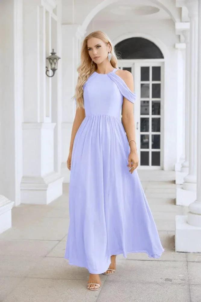 Ladies Chiffon Off Shoulder Swing Sleeve Front Slit Bridesmaid Evening Dress Wedding Party Evening Dress 28117 by numbersea