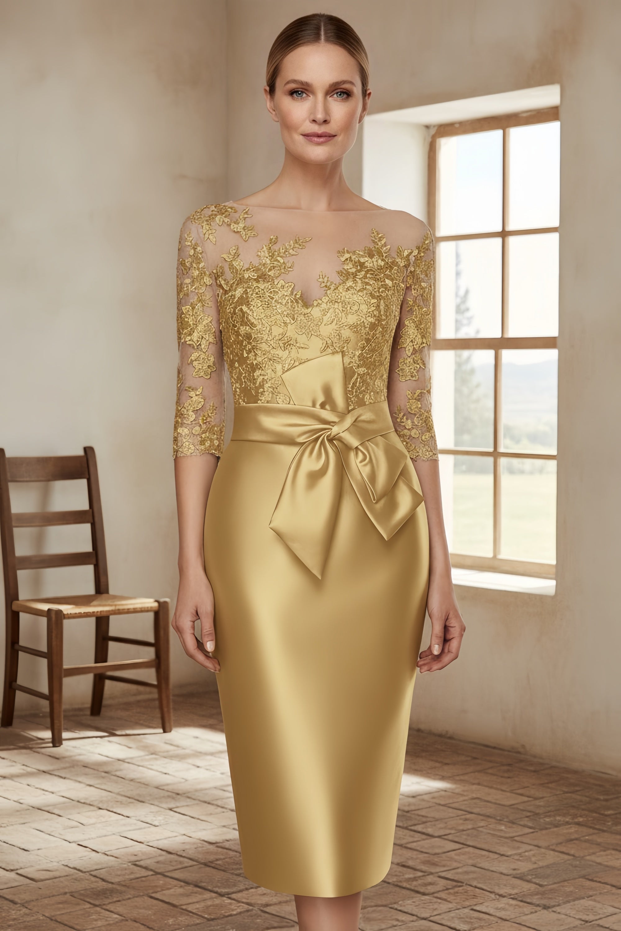 Elegant Lace Illusion Bodice Midi Dress with Statement Bow