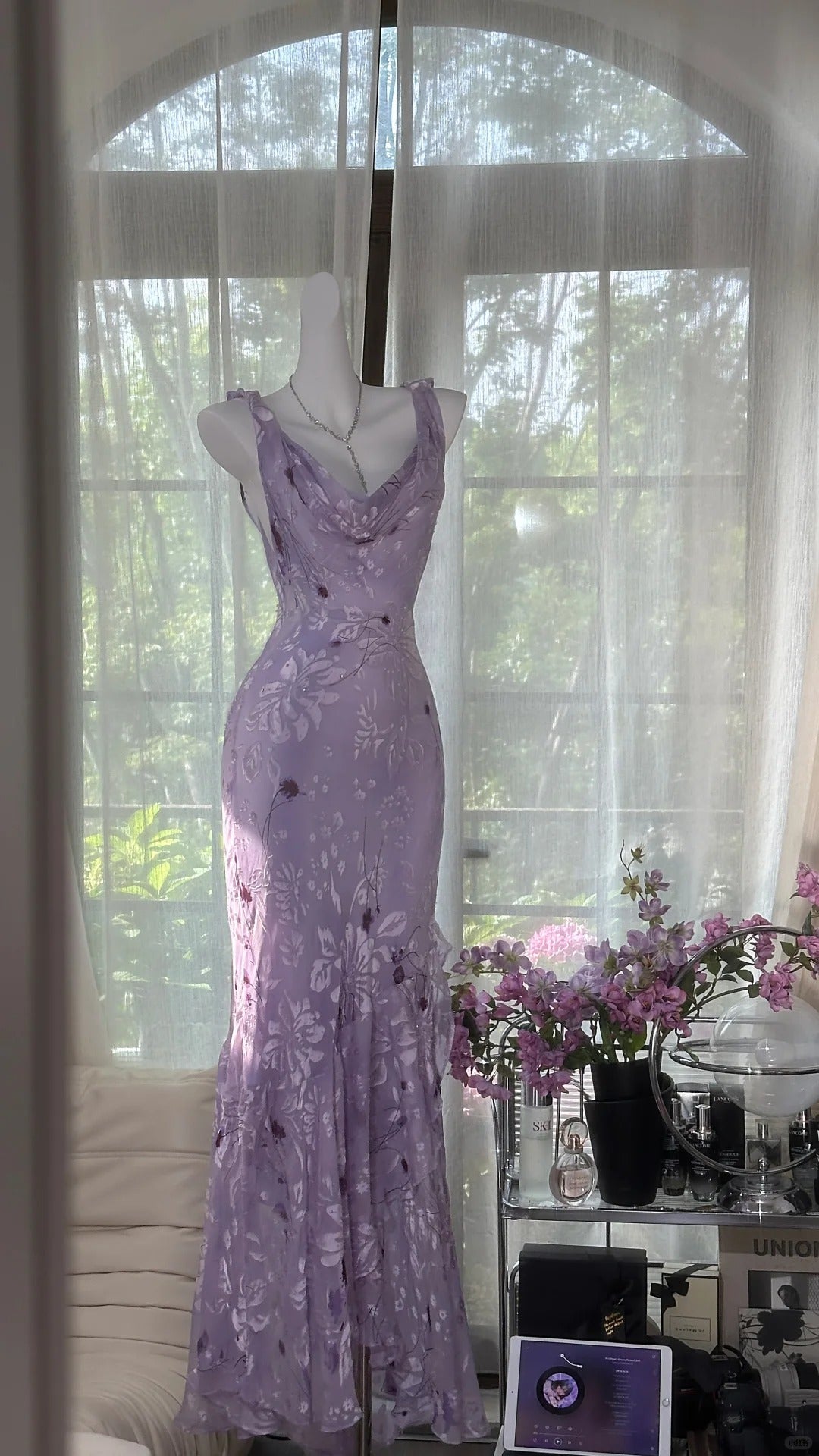 Elegant Purple Mermaid Printed Boat Neck Chiffon Long Prom Dress Evening Dress
