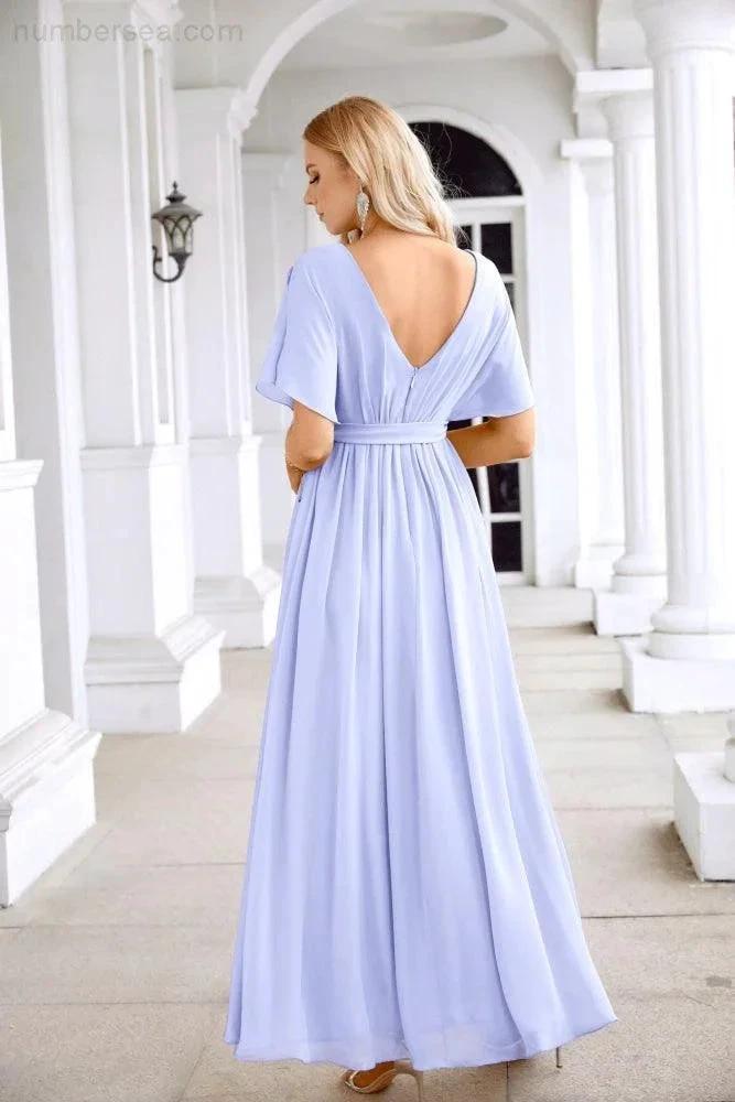 Ladies Chiffon Sleeve Crew Neck Front Slit Floor Length Bridesmaid Evening Dress Wedding Party Evening Dress 28124 (ZD17007)