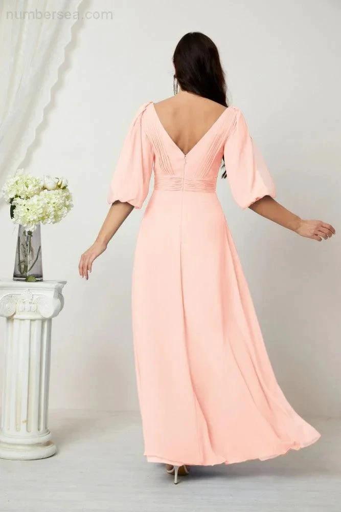 ZapDress Formal Prom Gown Women V-Neck Chiffon Bridesmaid Dresses Long Bishop Sleeve Party Dress 2807 (ZD17027)