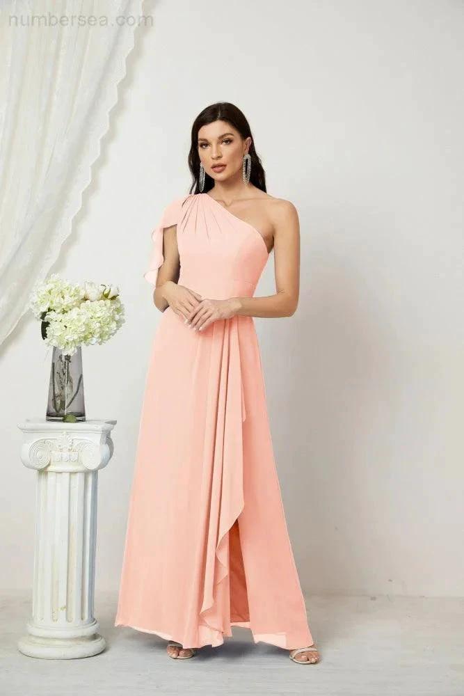 ZapDress Chiffon Ruffled One Shoulder Long Bridesmaid Dresses A-line Formal Evening Gown Side Split 2809 (ZD17049)