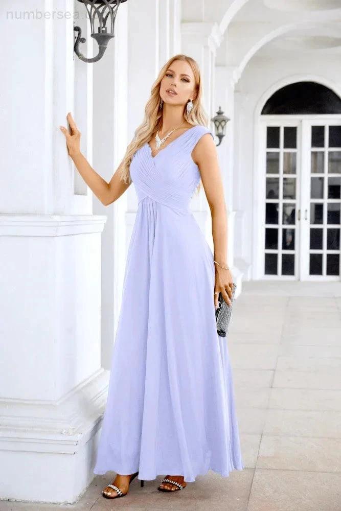 Ladies Chiffon V Neck Sleeveless Floor Length Bridesmaid Evening Dress Wedding Party Evening Dress 28126 (ZD16989)