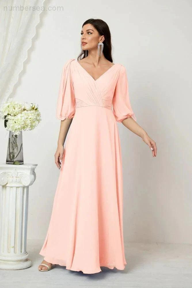 ZapDress Formal Prom Gown Women V-Neck Chiffon Bridesmaid Dresses Long Bishop Sleeve Party Dress 2807 (ZD17027)