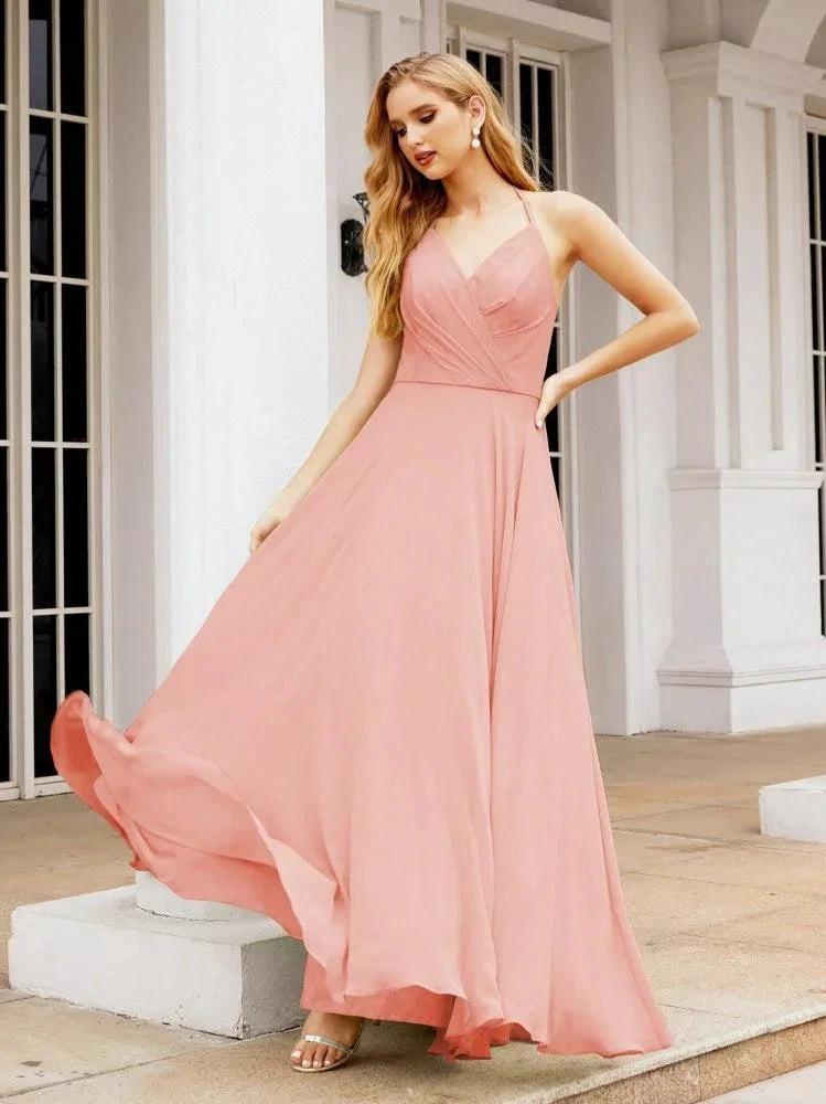 Numbersea Halter Chiffon Bridesmaid Dresses Wedding Appare Sleeveless Formal Prom Dress with Ruffled Back 28035 by numbersea