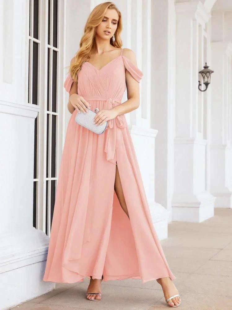 Numbersea Off The Shoulder Chiffon Bridesmaid Dress Long Formal Graduation Gown with Cowl Back 28069 by numbersea