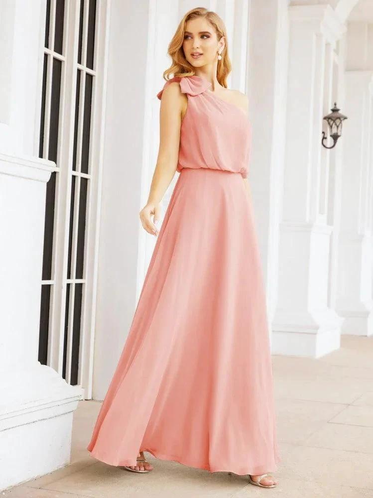 Numbersea Chiffon Ruffled One Shoulder Sleeveless Long Bride Dresses A-line Formal Evening Gown Side Split 28057 by numbersea