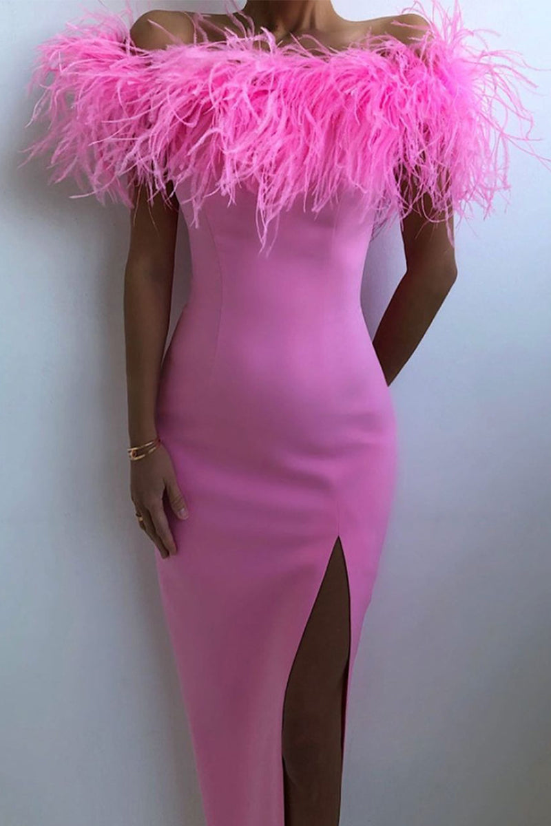 Celebrities Elegant Solid Feathers Zipper Off the Shoulder Evening Dress Dresses - View 2 | VelvetHem