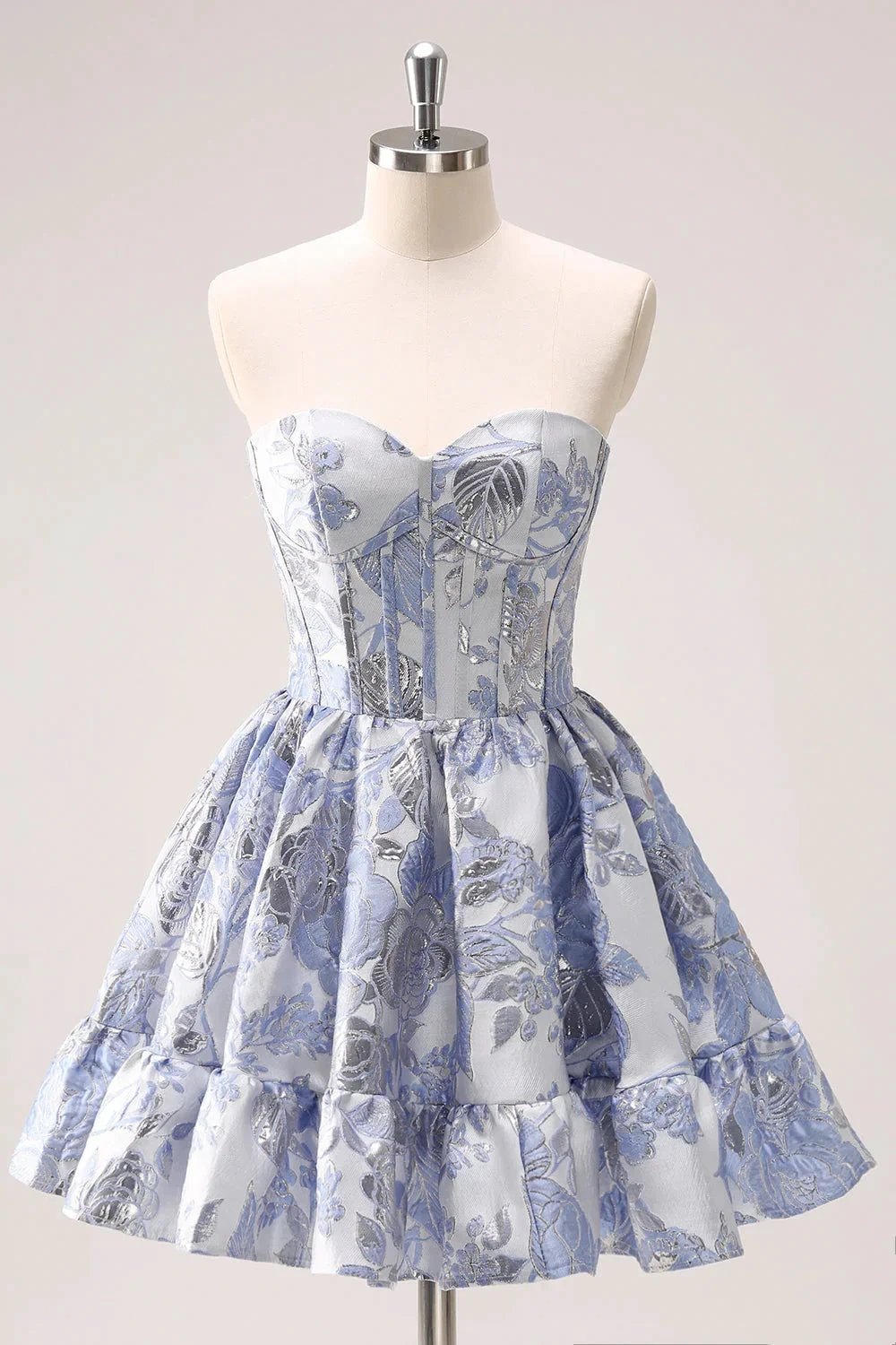 Cute Blue A Line Sweetheart Print Corset Short Homecoming Dress with Ruffles by WEDTREND