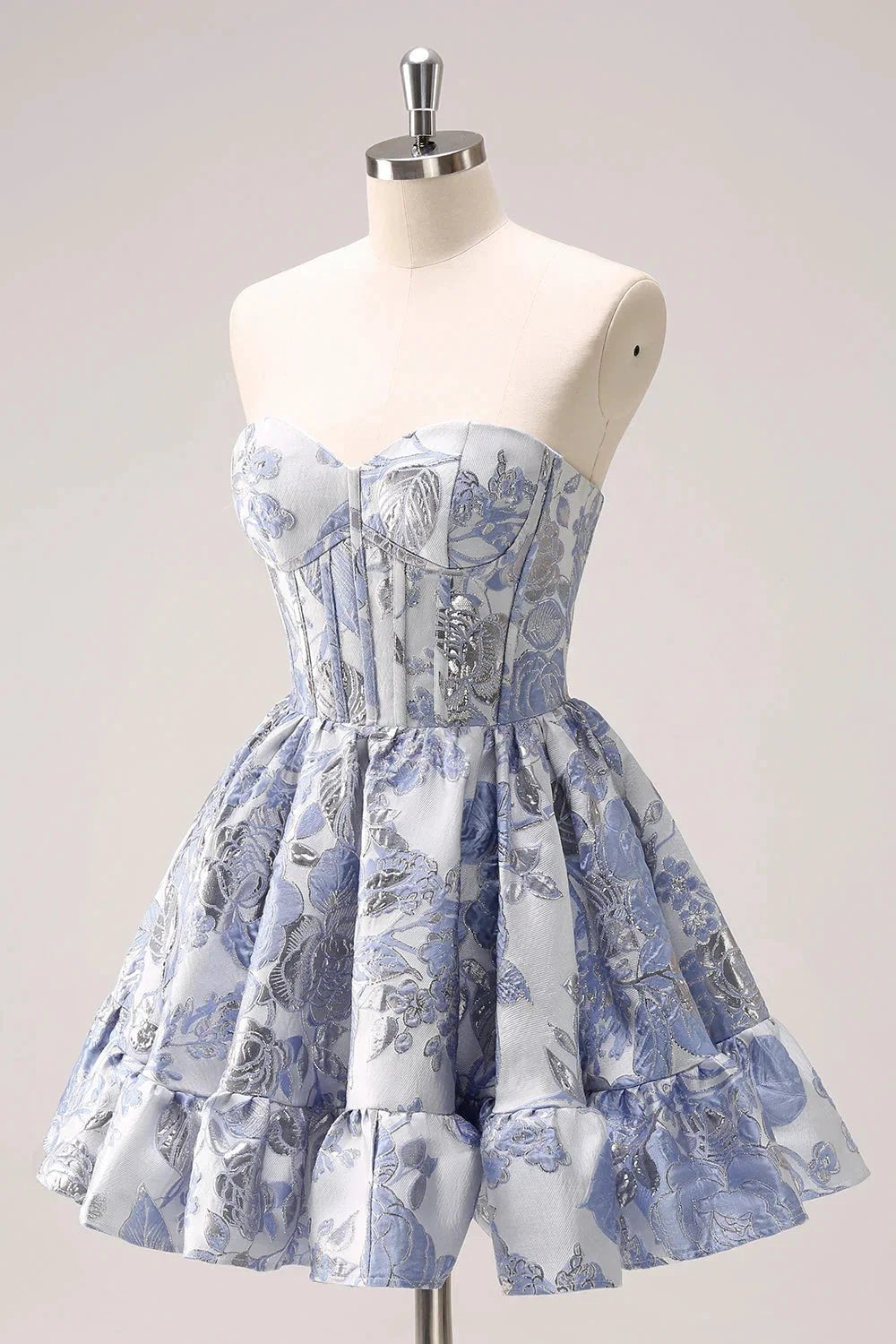 Cute Blue A Line Sweetheart Print Corset Short Homecoming Dress with Ruffles (ZD11478)