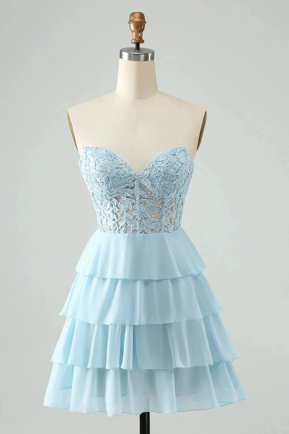A Line Sweetheart Tiered Light Blue Short Homecoming Dress with Appliques by WEDTREND
