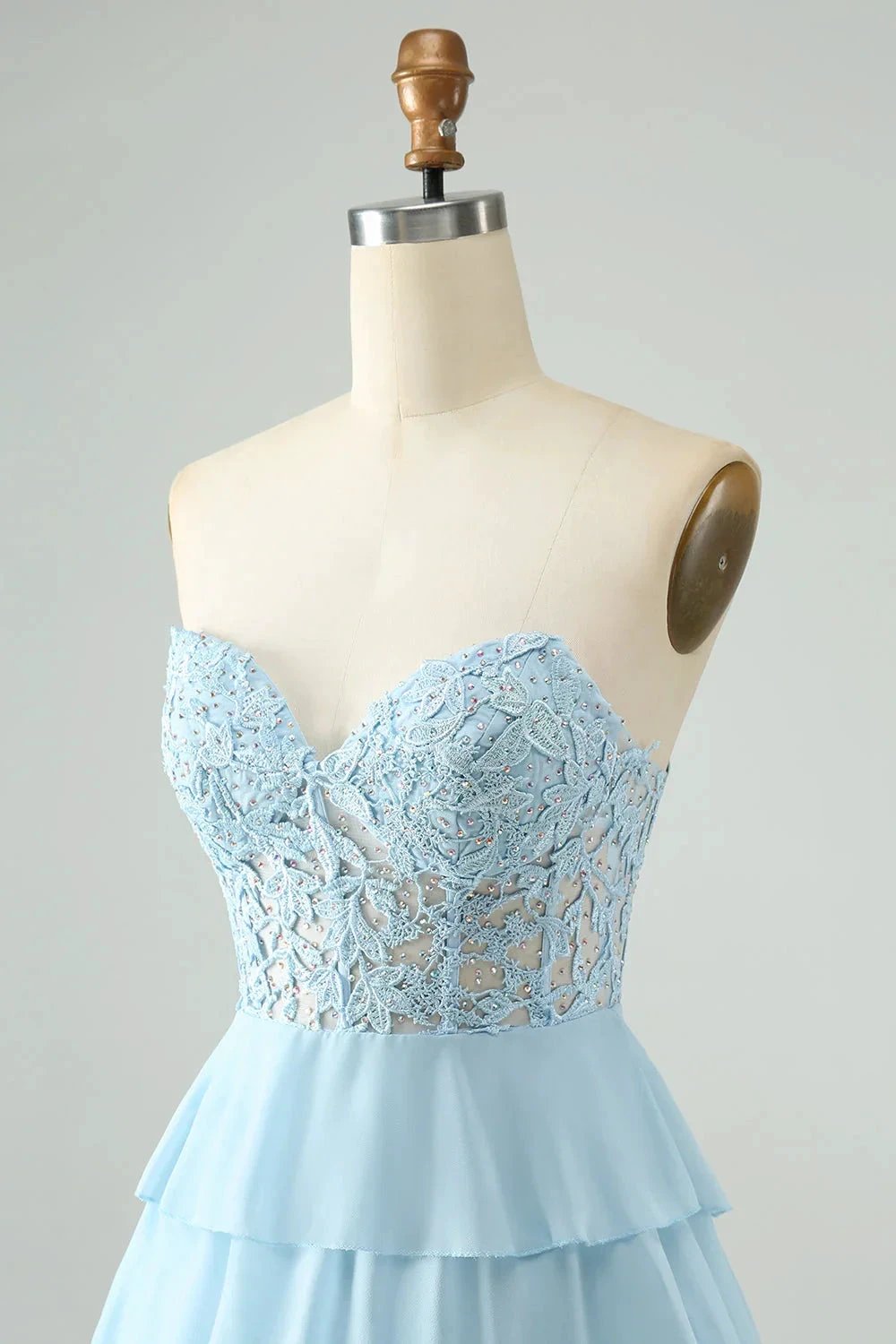 A Line Sweetheart Tiered Light Blue Short Homecoming Dress with Appliques (ZD11594)