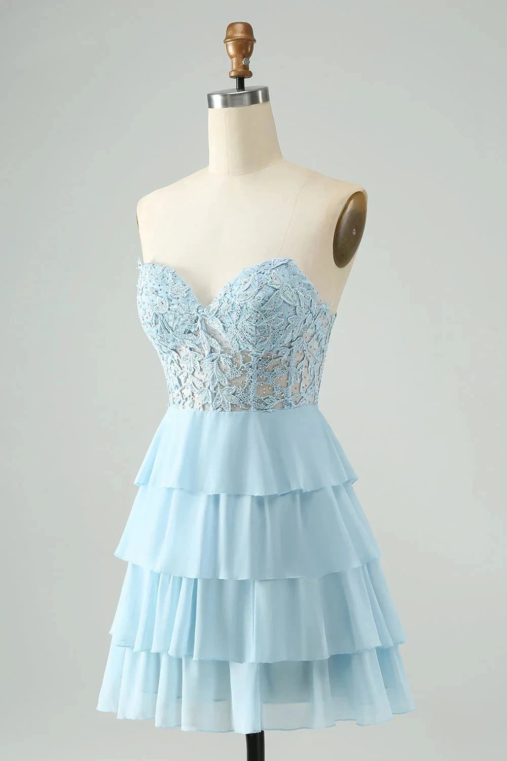 A Line Sweetheart Tiered Light Blue Short Homecoming Dress with Appliques (ZD11594)