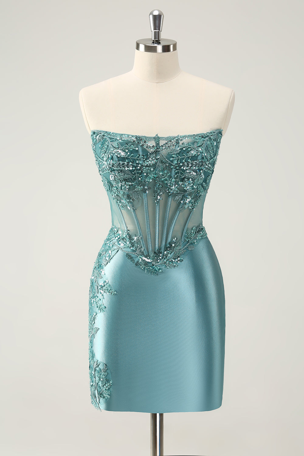 Glitter Peacock Blue Tight Strapless Corset Homecoming Dress with Lace