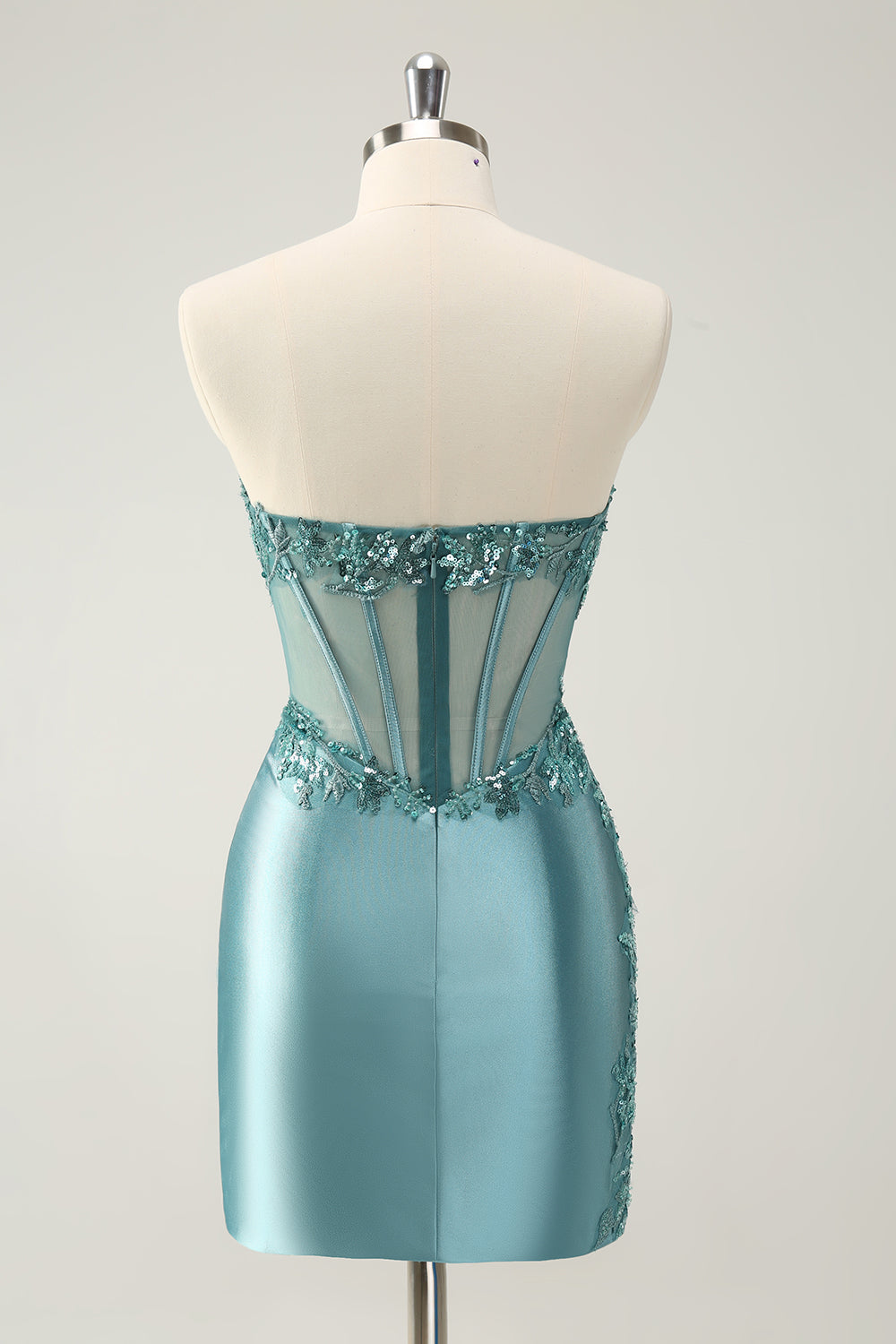 Glitter Peacock Blue Tight Strapless Corset Homecoming Dress with Lace