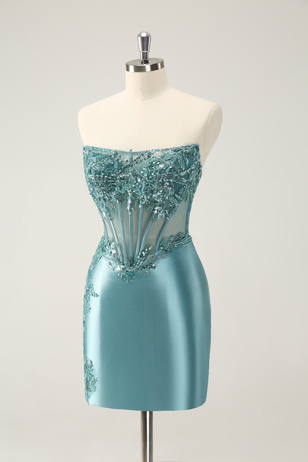 Glitter Peacock Blue Tight Strapless Corset Homecoming Dress with Lace