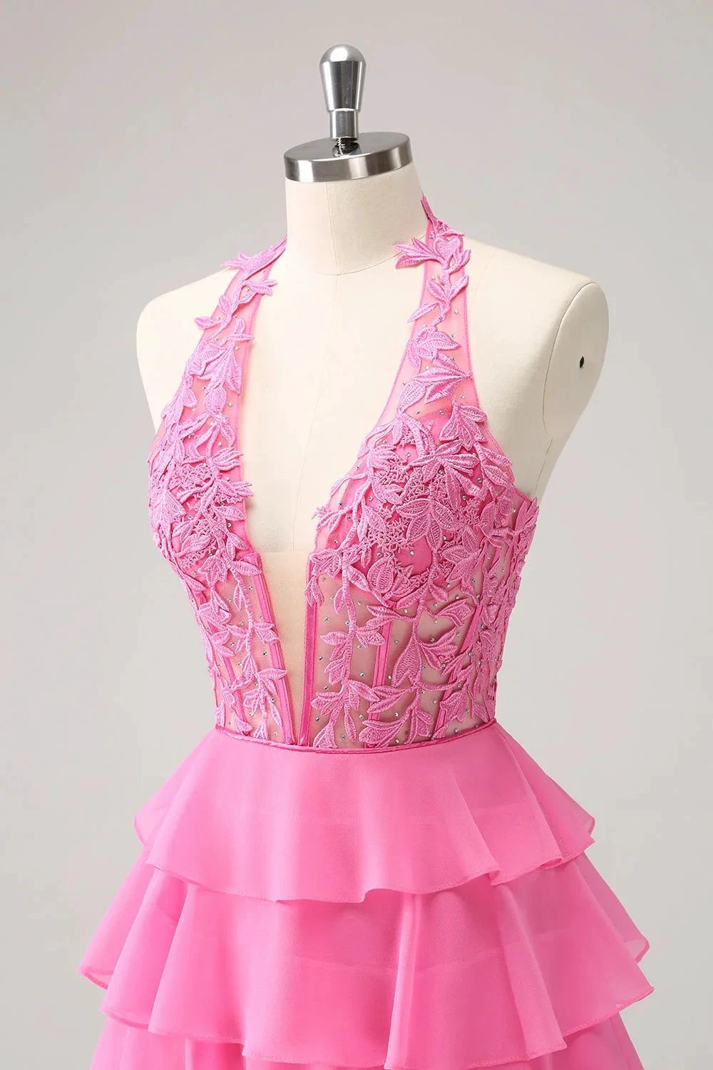 Cute Hot Pink A Line Strapless Tiered Corset Ruffle Homecoming Dress with Beading (ZD11455)