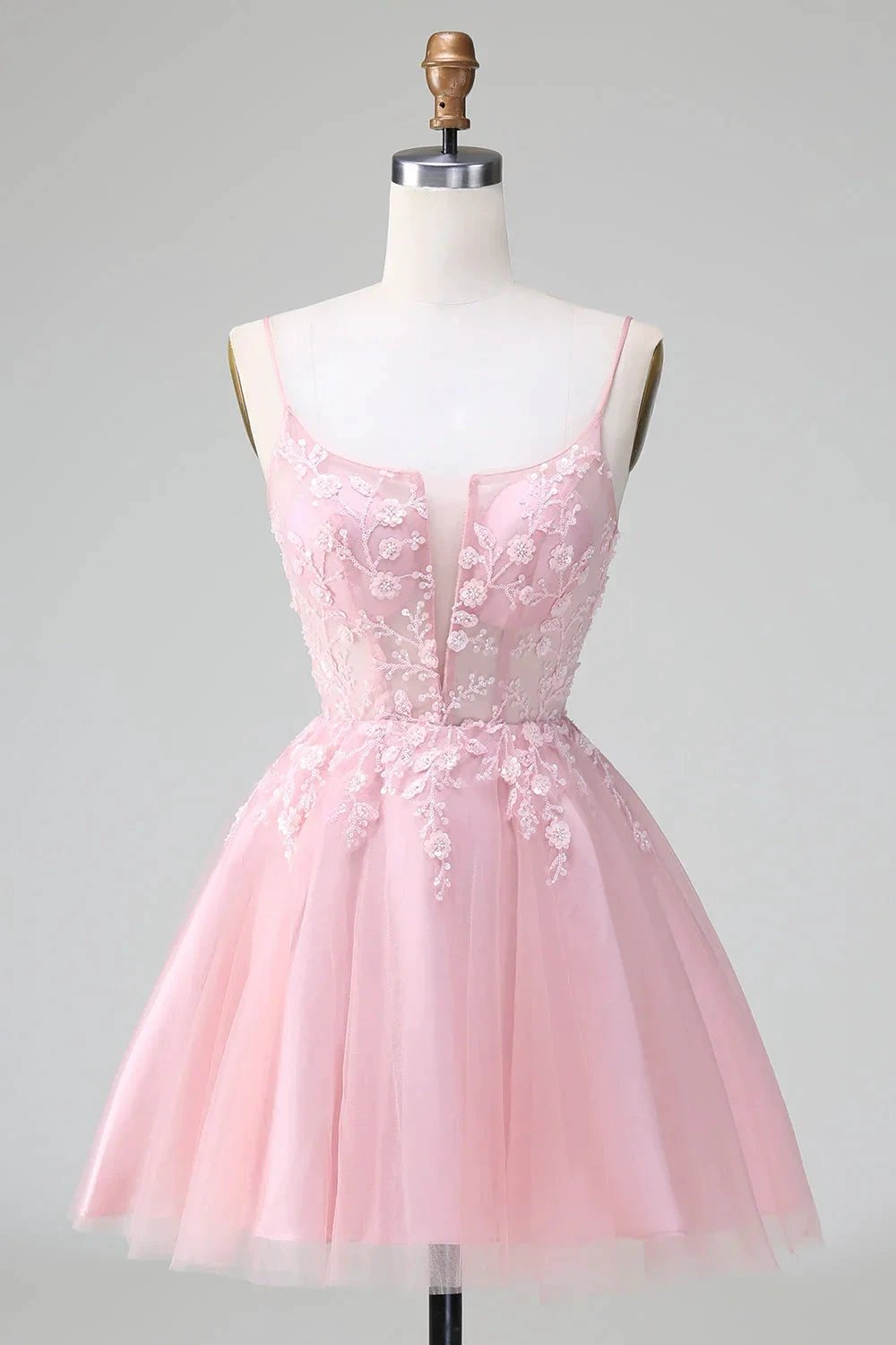 Cute A Line Spaghetti Straps Corset Short Blush Homecoming Dress with Appliques by WEDTREND