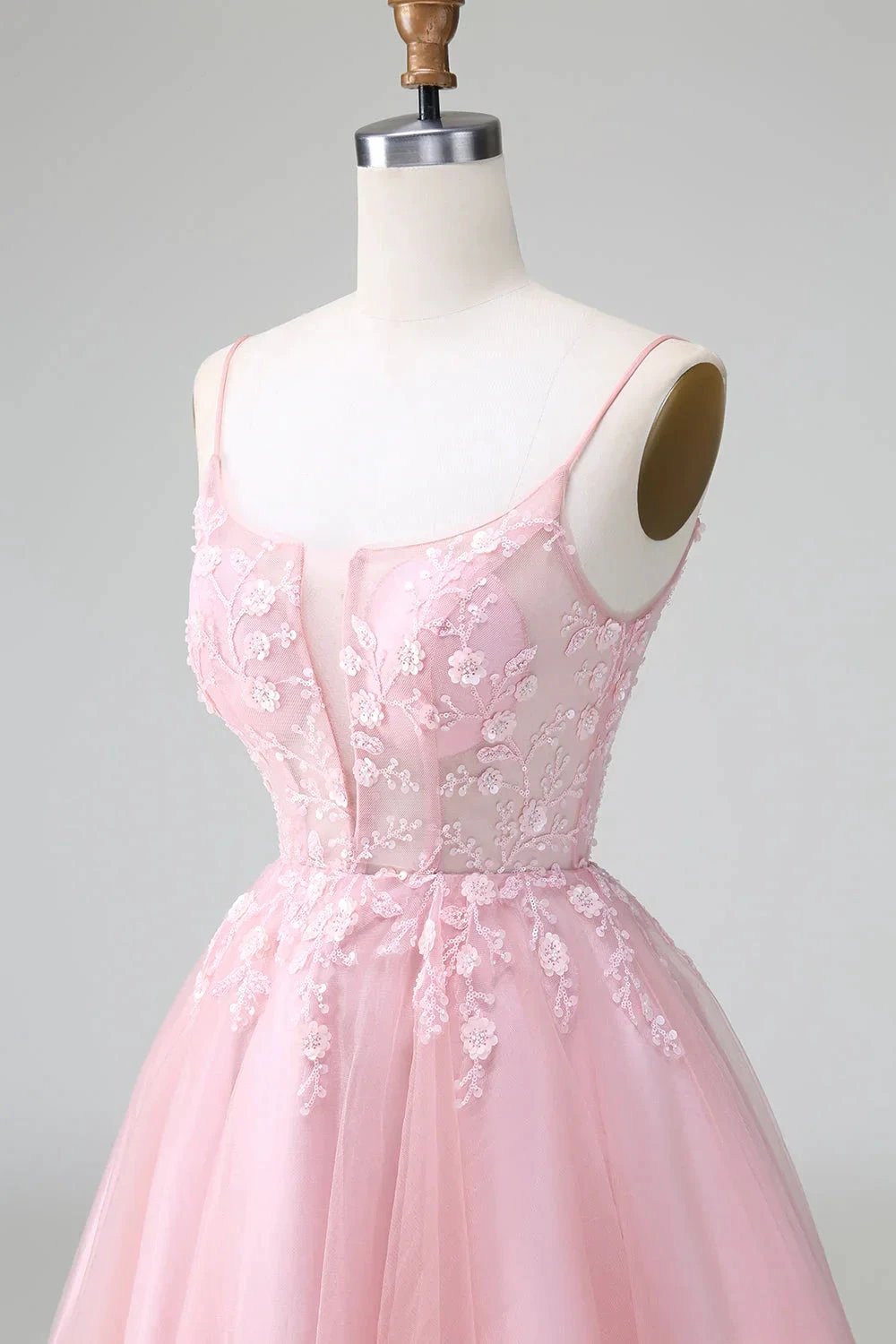 Cute A Line Spaghetti Straps Corset Short Blush Homecoming Dress with Appliques (ZD11490)