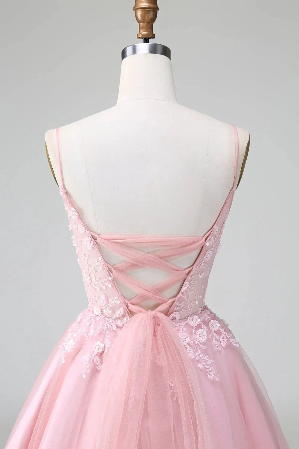 Cute A Line Spaghetti Straps Corset Short Blush Homecoming Dress with Appliques (ZD11490)