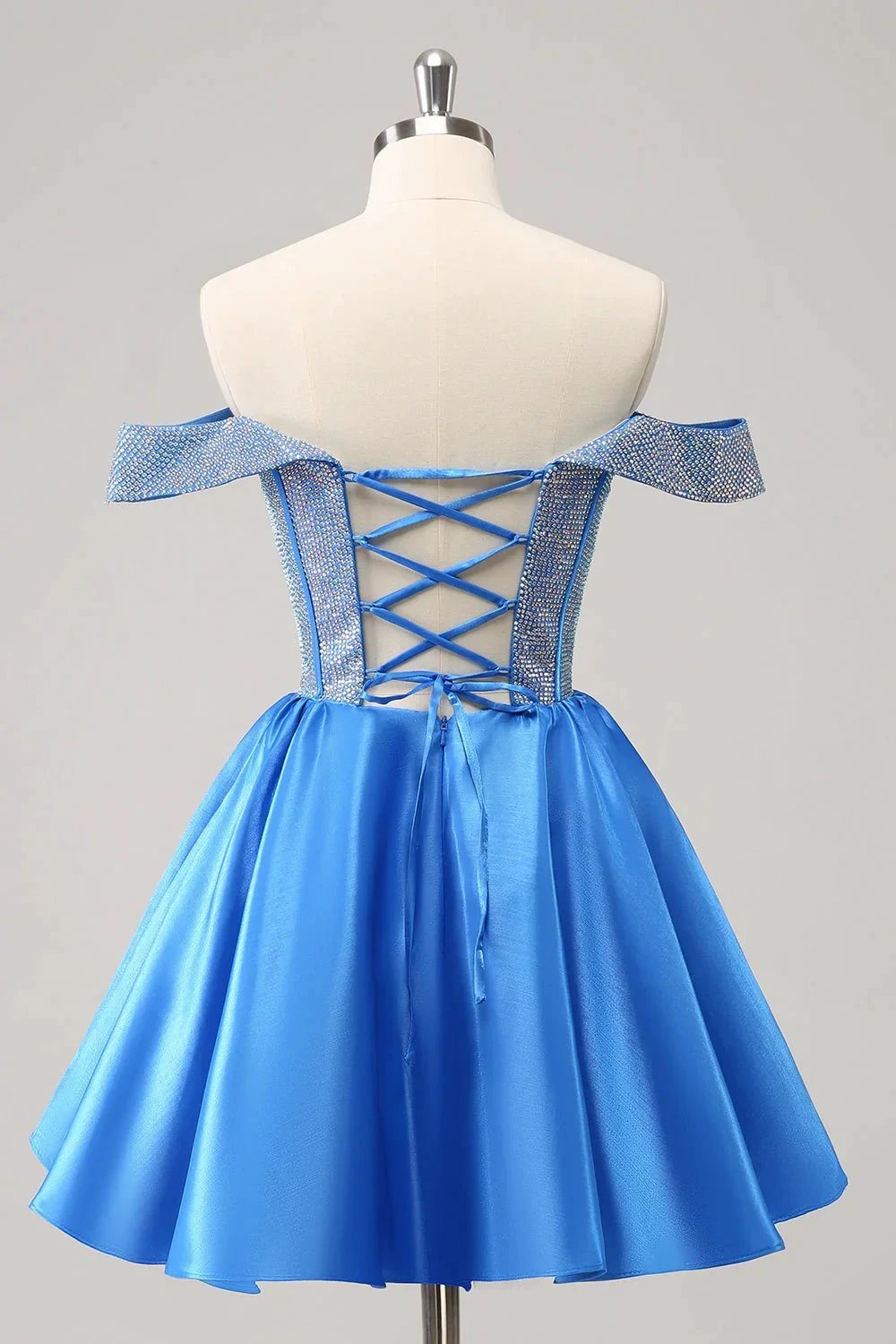 Cute Blue A Line Off The Shoulder Corset Homecoming Dress with Beading (ZD11480)